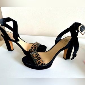 Vince Camuto Black suede with cheetah strap heels